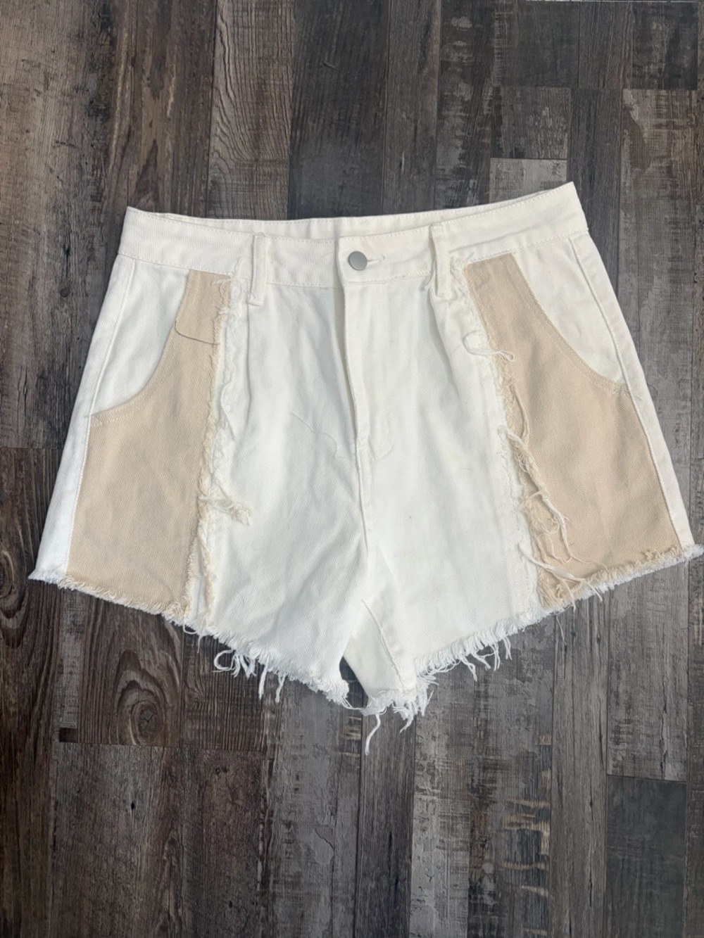 White High-Rise Denim Shorts with Cream Side Panels Colorblock